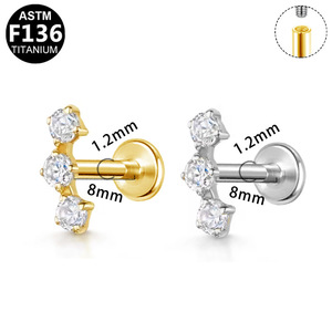 Bijou de piercing en titane ASTM F136 G23 16G 8mm plaqué or et argent, sans filetage, à dents internes, pour l'oreille, labret, hélix, dos plat - Product Image 5