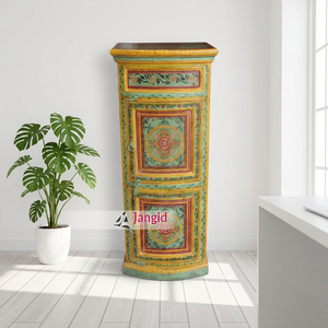 Armoire de rangement vintage en bois de manguier massif peint, 2 portes, 1 tiroir, pour chambre, salon, hôtel, ferme, artisanale - Product Image 4