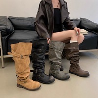 Bottes de moto mi-mollet décontractées pour femmes en similicuir vintage à faible MOQ, bout rond plat, avec boucle, pour automne-hiver, ODM