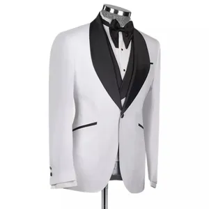 男性用ホワイトスーツブラックラペルスリムフィット3ピースウェディング新郎ウエディング男性服ブレザーベストパンツセットウェディングタキシード衣装