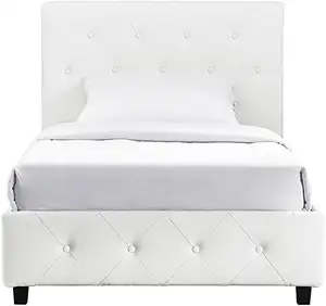 软垫人造革平台床，配有木质板条支撑和簇绒床头板和脚踏板-双尺寸 (白色)
