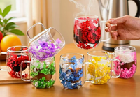 Mug isotherme à double paroi en verre sodocalcique, design esthétique DIY avec fleurs séchées, forme cœur, transparent, compatible lave-vaisselle et micro-ondes, pour boisson