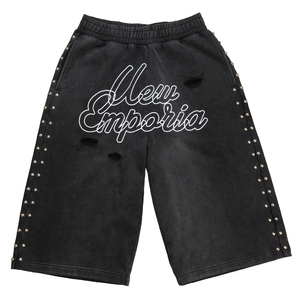 Pantalones Cortos Deportivos TOPSHOW con Logotipo Personalizado, Lavado Ácido, Dobladillo Crudo, Estilo Holgado, Vintage, Streetwear Esencial para Hombre - Product Image 1