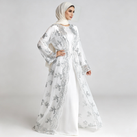 Weißes Pailletten-Besticktes Pfingstrosen-Open-Cardigan mit Quastengürtel, Netz-Patchwork, Rüschen und Rundhalsausschnitt - Elegantes Damenkleid für Alltag und Freizeit