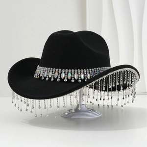 Chapeau de cowboy en feutre pour femme avec grande pampille en strass et pierres précieuses, idéal pour les mariages et les fêtes - Product Image 4