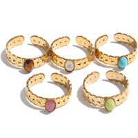 Bague ouverte JINYOU 8244 en acier inoxydable texturé rétro, plaquée or PVD, ovale, avec pierre naturelle
