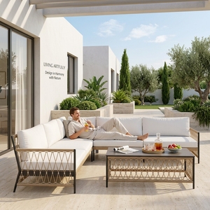 Set <span class=keywords><strong>Divano</strong></span> Sezionale da Esterno Moderno <span class=keywords><strong>a</strong></span> L con Cuscini Bianchi Intrecciati in Corda, Impermeabile, per Balcone, Terrazza, Villa, con Telaio in Alluminio - Product Image 3