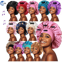 Gorro de satén elástico personalizado de banda ancha para mujer y hombre, gorro de seda grande para dormir, para cabello rizado, belleza capilar