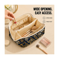 Trousse de Toilette Damassée Bleu Doré avec Poignée, Grande Ouverture, Organisateur de Maquillage, Pochette de Voyage Cosmétique pour Femme