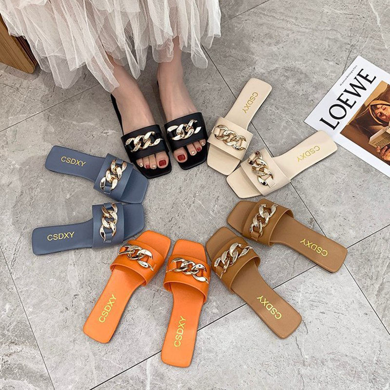 New Design Summer Flat Bottom Women Cheap Outdoor slippers Fashion Metal  Buckle Retro Non-slip Sandals in Stock