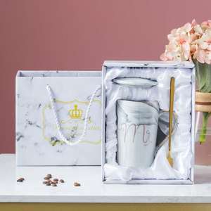 Taza de Cerámica con Textura de Mármol, con Tapa y Cuchara, Juego de Tazas de Café para <span class=keywords><strong>Parejas</strong></span>, Empaque en Caja de Regalo, Taza de Agua Creativa para el Hogar y la Oficina - Product Image 5