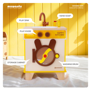 Machine à laver <span class=keywords><strong>en</strong></span> <span class=keywords><strong>bois</strong></span> pour enfants Muwantu, jouet d'imitation avec évier, tambour rotatif, robinet non toxique, boutons interactifs, certifié CE, à partir de 3 ans - Product Image 4