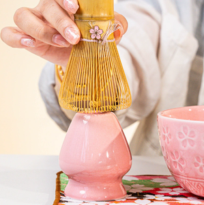 Exclusive New Japandi Design Japanese Style Pink <b>Infuser</b> Ceramic <b>Tea</b> Bowl With Whisk Holder & Scoop - Product Image 2