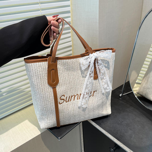 Sac fourre-tout pour femme, nouvelle collection été, tissé, avec fermeture éclair, moyen, magnifique, couleur contrastée, grande capacité, tendance, portable - Product Image 1