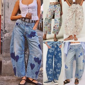 Imprimé floral Baggy Jeans Casual Loose Mid Waist Tube Shaped Women's Jeans Boho Beach Blue Cotton Denim Jeans for Women Pants - Product Image 2