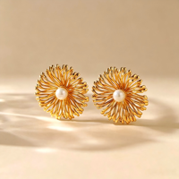 Boucles d'oreilles clous en cuivre plaqué or 18 carats, imitation perle creuse en forme de feu d'artifice, tendance, vintage, élégantes, grandes, pour femme, bijoux de fête, cadeau