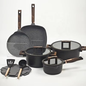 Ensemble de batterie de cuisine 13 pièces en aluminium épaissi avec revêtement antiadhésif en granit, poignées en bois doux au toucher et compatible induction, avec poêle carrée - Vente en gros - Product Image 2