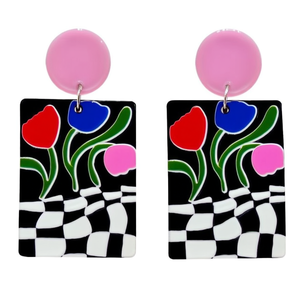 Fashion Acrylic <b>Dangle</b> <b>Earrings</b> Floral <b>Black</b> White Checkered Pink Blue Red Tulips Statement Jewelry Women's Party Trendy - Product Image 2