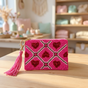 Jaunty <b>Pink</b> Canvas Beaded Coin Pouch Heart Pattern Tassel Zipper Bag Customized Shape Travel Fashion Embroidery Design Uttar - Product Image 1