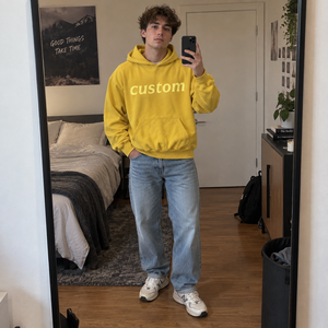 Sweat à capuche jaune uni pour homme, manches courtes, coupe oversize, 100% coton, fermeture éclair, 360gr - Product Image 2