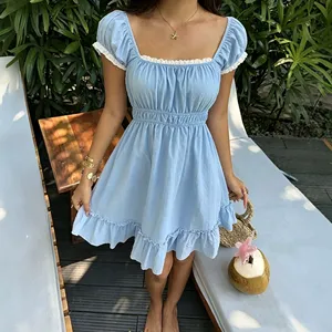 Abito estivo stile francese a trapezio da donna con scollo quadrato, maniche a sbuffo <span class=keywords><strong>e</strong></span> finiture in pizzo, vestibilità slim, perfetto per uscite casual - Product Image 3