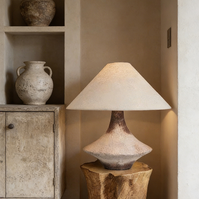 Rustic Wabi-Sabi Weathered Ceramic Table Lamp with Beige Fabric Shade E27 Base for Bedroom Living Room Home Decor
