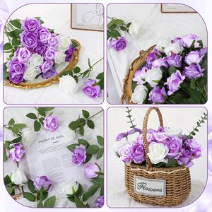 Flores Artificiales al por Mayor, Pétalos de Rosa de Seda Blancos y Morados, <span class=keywords><strong>Rosas</strong></span> de Tallo Largo para el Día de San Valentín, Ramos de Boda, Decoración para Fiestas en Casa - Product Image 6