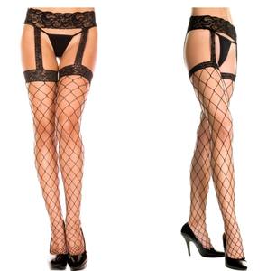 Bas en résille <span class=keywords><strong>noir</strong></span> pour femmes, grands trous de diamants, combinaison en dentelle, jarretelles, ceinture collants - Product Image 3
