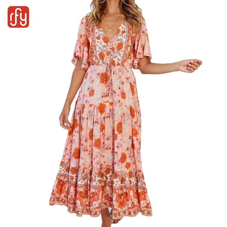 Robe d'été grande taille à volants, imprimé Floral, style Boho, manches courtes, taille réglable, mode décontractée, plusieurs niveaux