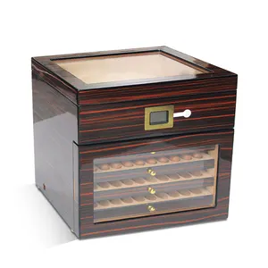 Glass Top Digital Hygrometer Luxury High Quality Glossy Finished Wooden Cigar Humidor Box With Drawers