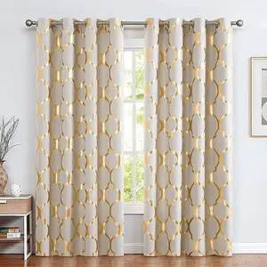 Bindi cortina de janela de casa estampada, cortina com estampa de folha dourada para sala de estar