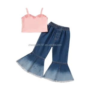 Personalized Kids Clothes Baby Suit Rib Suspender Denim Flare Pants Sleeveless Cotton Summer Outfit Teens Girls