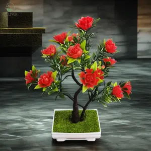 Vaso artificial para bonsai, vaso artificial com 5 flores pequenas de lótus, decoração externa para jardim, vaso de plantas verdes artificiais