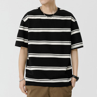 T-shirt Homme Rayé Color-block à Manches Courtes en Coton Spandex Style Été Américain Rétro Ample Polyvalent Décontracté Travail 180g