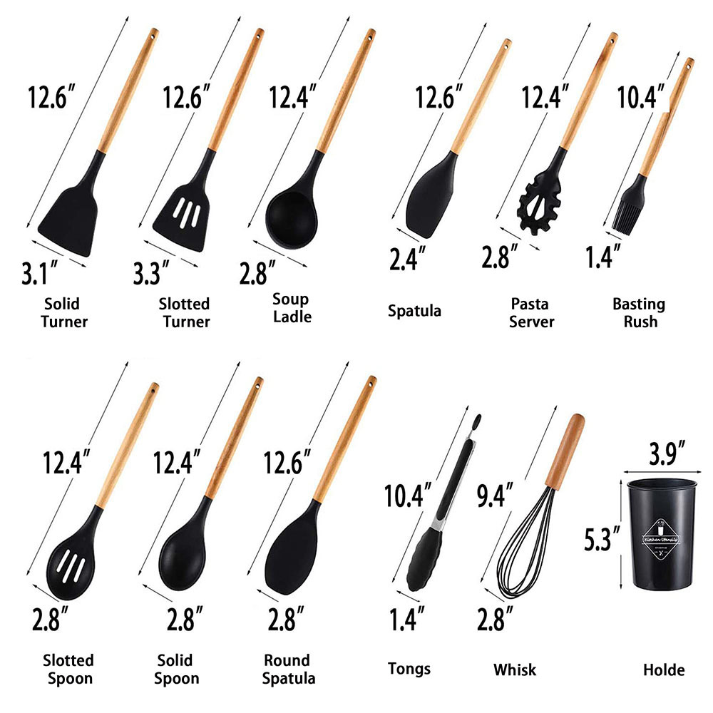 Heat Resistant Silicon Kitchen Cooking Utensils Set 446℉ Heat Resistant 12-pcs Non-stick Food Grade Silicone and Wooden Handles · image 2
