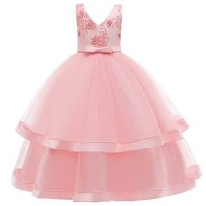 Children's pink 3D embroidered V-neck multi-layer dress model catwalk show children's clothing girl party dress