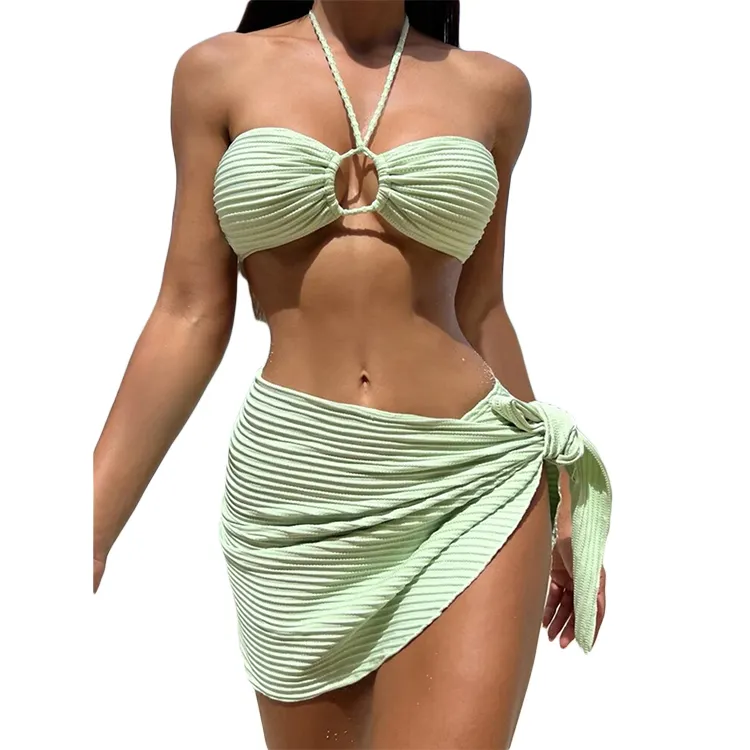 Summer Bikini Three-Piece Set Swim Suit Cover Ups Trajes De Bano Para Mujer Halter Solid Color Swimwear Women'S Clothing Bikini