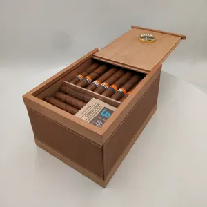 带湿度计的木制雪茄盒 PU 皮革雪茄盒木制雪茄储物盒