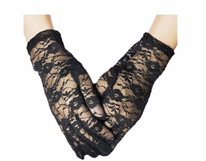 Black Wrist Length Lace mittens with Flower Pattern