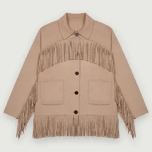 Wholesale Custom Women Pure Color Long Sleeve Lapel Fringing Button Up Pockets Fashion Coat For Daily Wearing