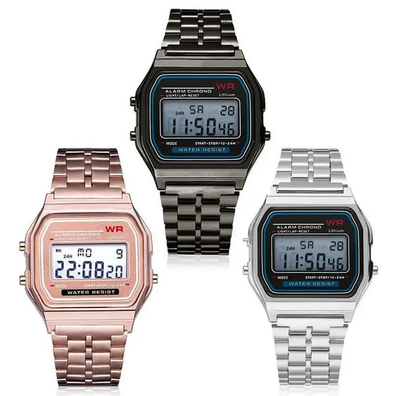 LED sport watch WR F91W steel band Fashion style Cheap wrist watch men multi-function electronic women watch