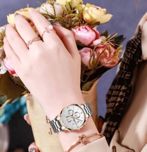 Drioshipping Montre chronographe à quartz de luxe pour femmes 16mm, style d'affaires à la mode, verre antique, acier inoxydable étanche - Product Image 2