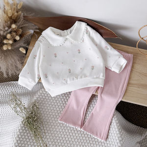 Lässige Frühlings-Herbst-Blumen stickerei im koreanischen Stil Strick anzug Damen-Revers Langärmlige Schlag hose Zweiteilige Kammgarn - Product Image 4