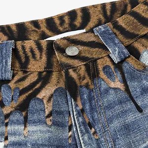 Jeans Denim Y2K Retrò Lavati a Gamba Larga con Stampa Leopardata, Dettagli a <span class=keywords><strong>Zampa</strong></span> di Gatto sulle Cuciture in Vita, Design Strappato, Pantaloni Moda Street - Product Image 3