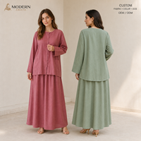 Ensemble coordonné modeste en coton et lin, tunique boutonnée avec poches plaquées, jupe longue trapèze, usine OEM ODM