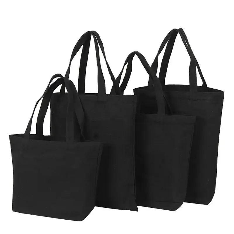 Siyah kullanımlık pamuk bez çantalar eko katlanabilir omuzdan askili çanta büyük çanta katı kumaş bez alışveriş çantası