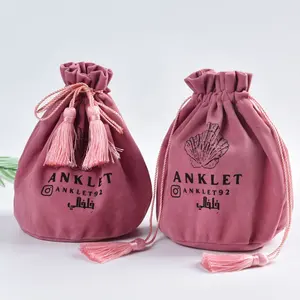 Lüks özel logo İpli süet kadife çantası saten astar parfüm parti hediye keseleri