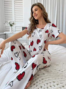 Conjunto de pijama de mujer Moda Estampado de corazón Ropa de dormir Manga corta y pantalones largos Conjunto Loungewear Outfit - Product Image 6