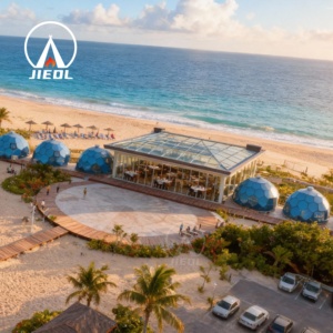 Tente dôme géodésique en verre JIEOL 5M, norme américaine et européenne 360 ° Maison de glamping transparente avec salle de bain - Product Image 4