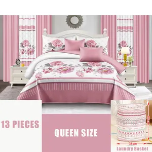 New Design Pink Color Curtain Bedding Set Flora Printed 13pcs Bedsheet Bedspread Set with Carpet Laundry Basket for Home Use